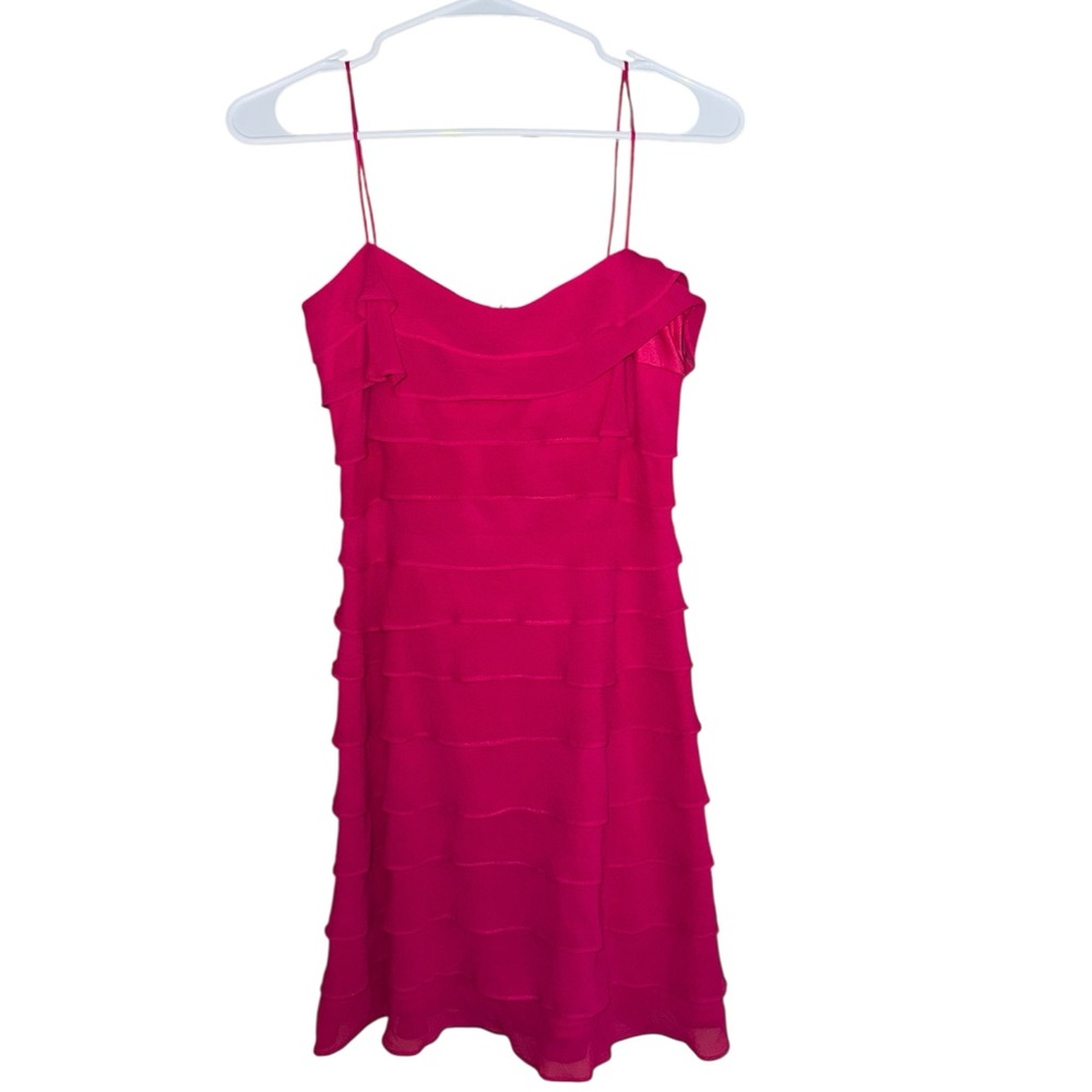 100% Silk Tadashi Shoji Fuschia Hot Pink Ruffled Mini Dress Cocktail Attire